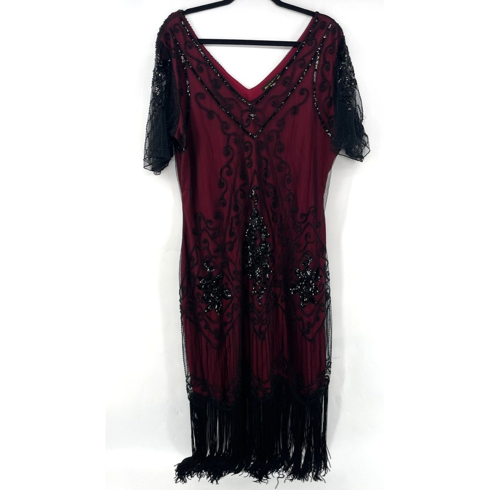 Women Flapper Fringed Beaded Burgundy Dress Plus 3X Costume Gatsby Roaring 20's